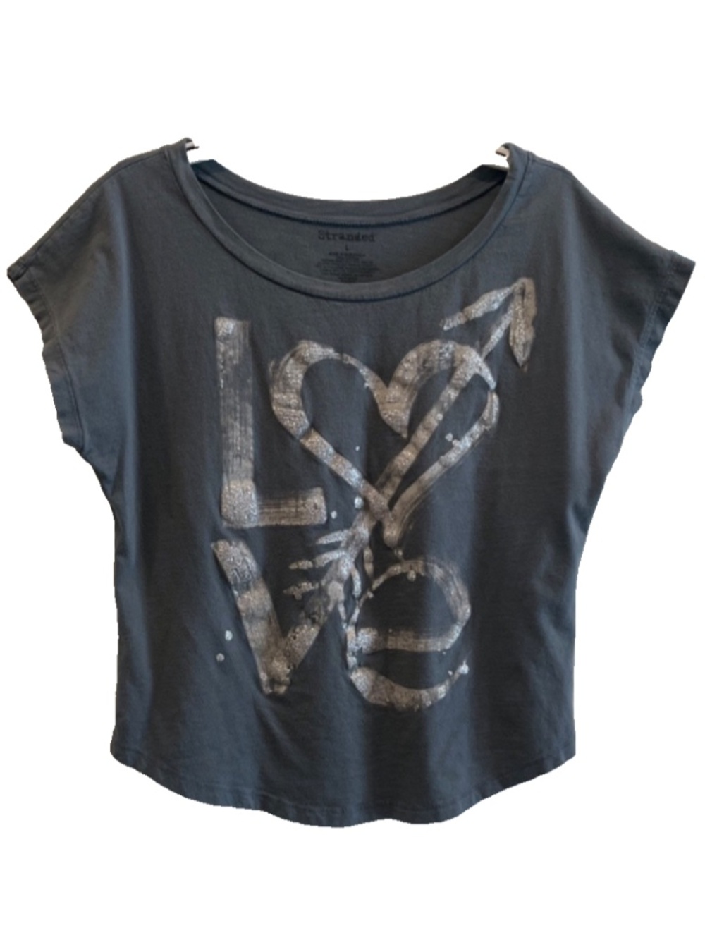 Women's Y2K Stranded Blue Gray Shimmer LOVE Top Cap Sleeve T-Shirt Size L